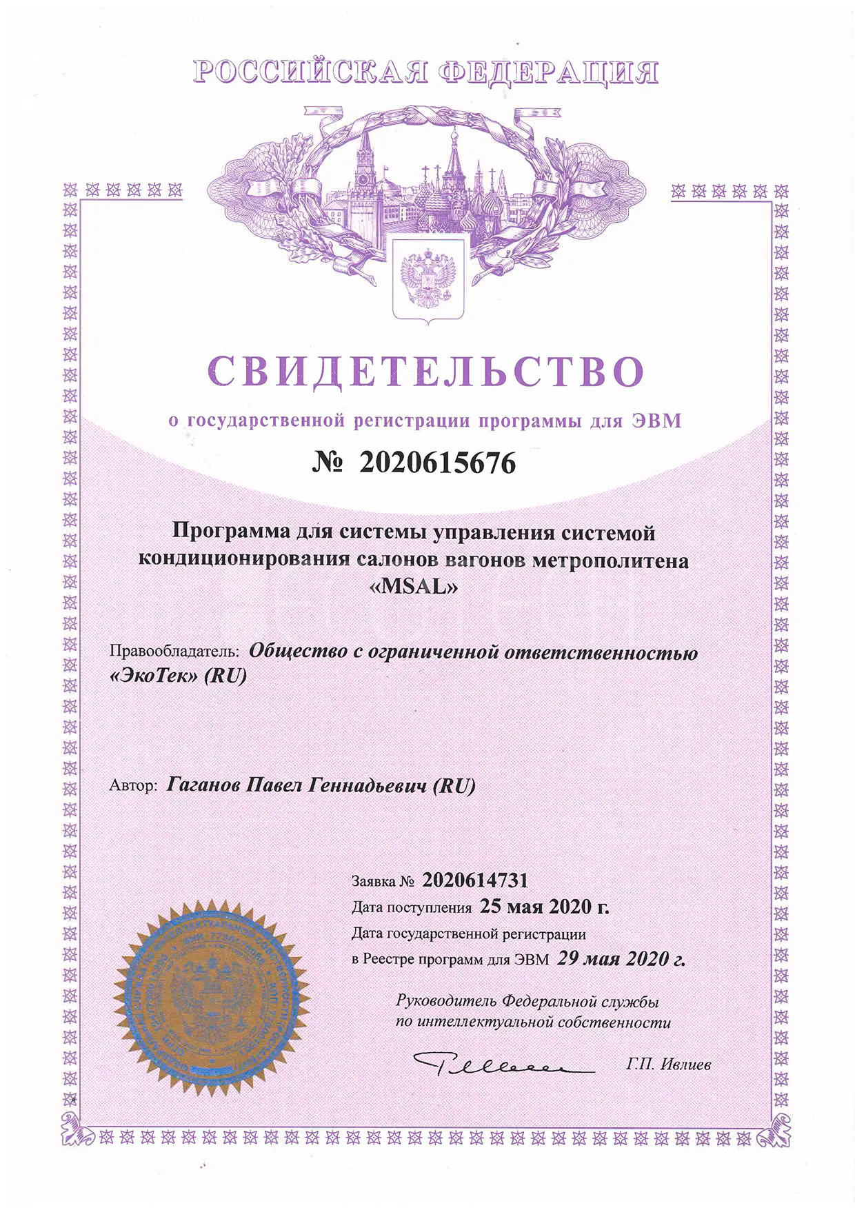 Свидетельство о регистрации программы MSAL